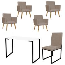 Kit Escritório Stan 4 Poltronas com Cadeira e Mesa Industrial Tampo Branco Preto Suede Bege - Ahz Móveis