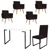 Kit Escritório Stan 4 Poltronas com Cadeira e Mesa Industrial Tampo Branco Preto Suede Marrom - Ahz Móveis