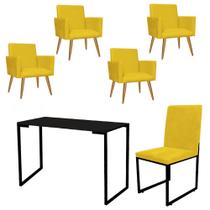 Kit Escritório Stan 4 Poltronas com Cadeira e Mesa Industrial Tampo Preto Tecido Sintético Amarelo - Ahz Móveis