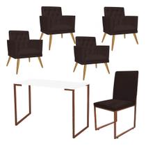 Kit Escritório Stan 4 Poltronas Maria com Cadeira e Mesa Industrial Branco Bronze material sintético Marrom - Ahz Móveis