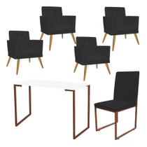 Kit Escritório Stan 4 Poltronas Maria com Cadeira e Mesa Industrial Branco Bronze material sintético Preto - Ahz Móveis