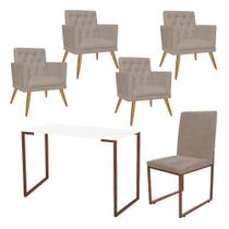Kit Escritório Stan 4 Poltronas Maria com Cadeira e Mesa Industrial Branco Bronze Suede Bege - Ahz Móveis