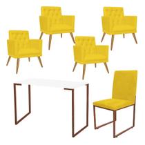 Kit Escritório Stan 4 Poltronas Maria com Cadeira e Mesa Industrial Branco Bronze Tecido Sintético Amarelo - Ahz Móveis