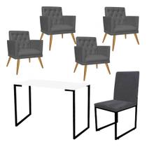 Kit Escritório Stan 4 Poltronas Maria com Cadeira e Mesa Industrial Branco Preto material sintético Cinza - Ahz Móveis