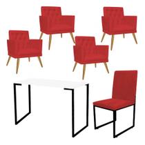 Kit Escritório Stan 4 Poltronas Maria com Cadeira e Mesa Industrial Branco Preto Suede Vermelho - Ahz Móveis