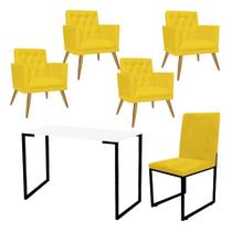 Kit Escritório Stan 4 Poltronas Maria com Cadeira e Mesa Industrial Branco Preto Tecido Sintético Amarelo - Ahz Móveis
