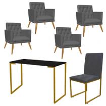 Kit Escritório Stan 4 Poltronas Maria com Cadeira e Mesa Industrial Preto Dourado material sintético Cinza - Ahz Móveis