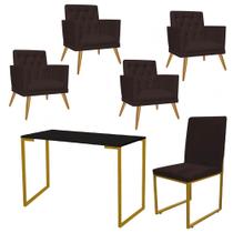 Kit Escritório Stan 4 Poltronas Maria com Cadeira e Mesa Industrial Preto Dourado material sintético Marrom - Ahz Móveis