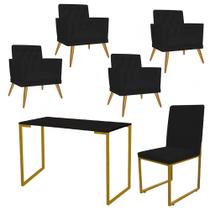 Kit Escritório Stan 4 Poltronas Maria com Cadeira e Mesa Industrial Preto Dourado Suede Preto - Ahz Móveis