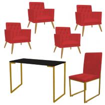 Kit Escritório Stan 4 Poltronas Maria com Cadeira e Mesa Industrial Preto Dourado Tecido Sintético Vermelho - Ahz Móveis