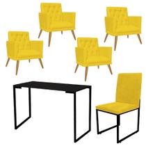 Kit Escritório Stan 4 Poltronas Maria com Cadeira e Mesa Industrial Tampo Preto Tecido Sintético Amarelo - Ahz Móveis