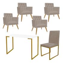 Kit Escritório Stan 4 Poltronas Maria e Cadeira e Mesa Industrial Branco Dourado Suede Bege - Ahz Móveis