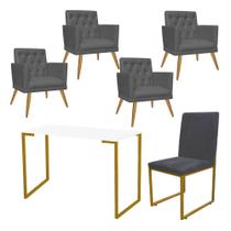 Kit Escritório Stan 4 Poltronas Maria e Cadeira e Mesa Industrial Branco Dourado Suede Cinza - Ahz Móveis