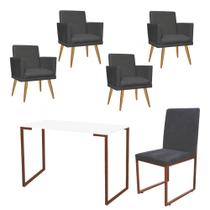 Kit Escritório Stan 4 Poltronas Rodapé com Cadeira e Mesa Industrial Branco Bronze Suede Cinza - Ahazzo Móveis