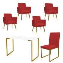 Kit Escritório Stan 4 Poltronas Rodapé com Cadeira e Mesa Industrial Branco Dourado material sintético Vermelho - Ahz Móveis