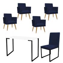 Kit Escritório Stan 4 Poltronas Rodapé com Cadeira e Mesa Industrial Branco Preto Suede Azul Marinho - Ahz Móveis
