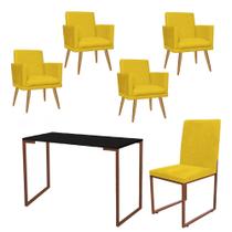 Kit Escritório Stan 4 Poltronas Rodapé com Cadeira e Mesa Industrial Preto Bronze Tecido Sintético Amarelo - Amey Decor