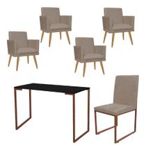Kit Escritório Stan 4 Poltronas Rodapé com Cadeira e Mesa Industrial Preto Bronze Tecido Sintético Bege - Amey Decor