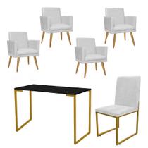 Kit Escritório Stan 4 Poltronas Rodapé com Cadeira e Mesa Industrial Preto Dourado material sintético Branco - Ahz Móveis