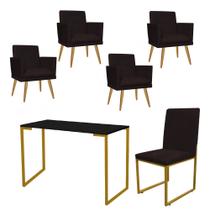 Kit Escritório Stan 4 Poltronas Rodapé com Cadeira e Mesa Industrial Preto Dourado material sintético Marrom - Ahz Móveis