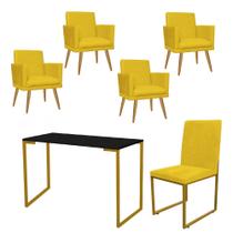 Kit Escritório Stan 4 Poltronas Rodapé com Cadeira e Mesa Industrial Preto Dourado Suede Amarelo - Ahz Móveis