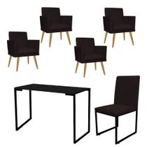 Kit Escritório Stan 4 Poltronas Rodapé com Cadeira e Mesa Industrial Tampo Preto material sintético Marrom - Amey Decor