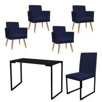 Kit Escritório Stan 4 Poltronas Rodapé com Cadeira e Mesa Industrial Tampo Preto Suede Azul Marinho - Ahz Móveis