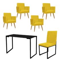 Kit Escritório Stan 4 Poltronas Rodapé com Cadeira e Mesa Industrial Tampo Preto Tecido Sintético Amarelo - Ahz Móveis