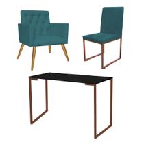 Kit Escritório Stan Poltrona Capitonê com Cadeira e Mesa Industrial Preto Bronze Suede Azul Turquesa - Ahazzo Móveis