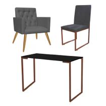 Kit Escritório Stan Poltrona Capitonê com Cadeira e Mesa Industrial Preto Bronze Suede Cinza - Ahz Móveis