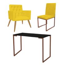 Kit Escritório Stan Poltrona Capitonê com Cadeira e Mesa Industrial Preto Bronze Tecido Sintético Amarelo - Ahz Móveis