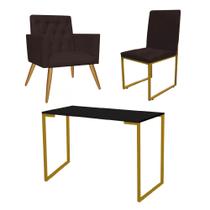 Kit Escritório Stan Poltrona Capitonê com Cadeira e Mesa Industrial Preto Dourado Suede Marrom - Ahz Móveis