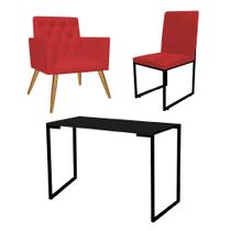 Kit Escritório Stan Poltrona Capitonê com Cadeira e Mesa Industrial Tampo Preto Suede Vermelho - Ahz Móveis