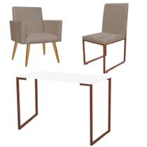 Kit Escritório Stan Poltrona com Cadeira e Mesa Industrial Tampo Branco Bronze material sintético Bege - Ahz Móveis