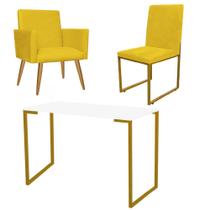 Kit Escritório Stan Poltrona com Cadeira e Mesa Industrial Tampo Branco Dourado Tecido Sintético Amarelo - Ahz Móveis