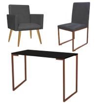 Kit Escritório Stan Poltrona com Cadeira e Mesa Industrial Tampo Preto Bronze Suede Cinza - Ahz Móveis