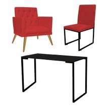 Kit Escritório Stan Poltrona Maria com Cadeira e Mesa Industrial Tampo Preto material sintético Vermelho - Ahz Móveis