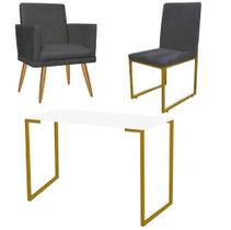 Kit Escritório Stan Poltrona Rodapé com Cadeira e Mesa Industrial Branco Dourado Tecido Sintético Cinza - Ahz Móveis