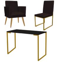 Kit Escritório Stan Poltrona Rodapé com Cadeira e Mesa Industrial Preto Dourado Suede Marrom - Ahz Móveis