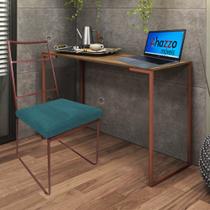 Kit Escritório Stark Cadeira e Mesa Industrial Ferro Bronze Tampo MDF Ambar Suede Azul Turquesa - Ahz Móveis