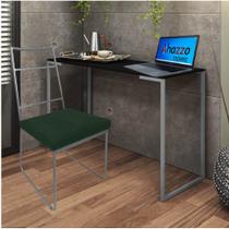 Kit Escritório Stark Cadeira e Mesa Industrial Ferro Cinza Tampo MDF Imbuia Suede Verde Escuro - Ahazzo Móveis