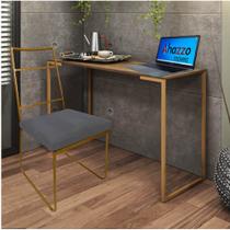 Kit Escritório Stark Cadeira e Mesa Industrial Ferro Dourado Tampo MDF Castanho material sintético Cinza - Ahz Móveis