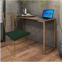 Kit Escritório Stark Cadeira e Mesa Industrial Ferro Dourado Tampo MDF Castanho Suede Verde Escuro - Ahz Móveis