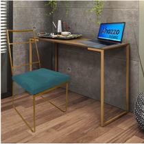 Kit Escritório Stark Cadeira e Mesa Industrial Ferro Dourado Tampo MDF Imbuia Suede Azul Turquesa - Ahz Móveis