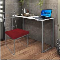 Kit Escritório Stark Cadeira e Mesa Industrial Ferro Prata Tampo MDF Branco Suede Vermelho - Ahz Móveis