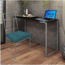 Kit Escritório Stark Cadeira e Mesa Industrial Ferro Prata Tampo MDF Imbuia Suede Azul Turquesa - Ahz Móveis