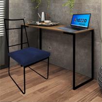 Kit Escritório Stark Cadeira e Mesa Industrial Ferro Preto Tampo MDF Caramelo Suede Azul Marinho - Ahazzo Móveis