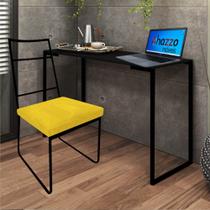 Kit Escritório Stark Cadeira e Mesa Industrial Ferro Preto Tampo MDF Preto Suede Amarelo - Ahazzo Móveis