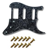 Kit Escudo P Guitarra Strato Hss Bk Pr + 11 Parafuso Dourado