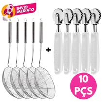 Kit Escumadeira Aramada Fritura Inox E Carretilha Corta e Fecha Massa Pastel Pizza Massa Folhada